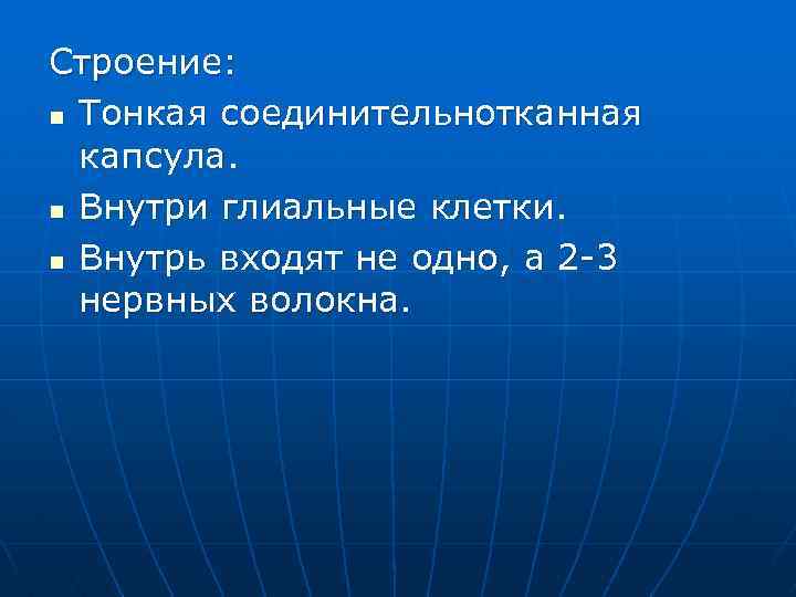 Строение: n Тонкая соединительнотканная капсула. n Внутри глиальные клетки. n Внутрь входят не одно,