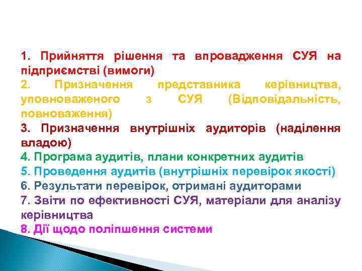 1. Прийняття рішення та впровадження СУЯ на підприємстві (вимоги) 2. Призначення представника керівництва, уповноваженого