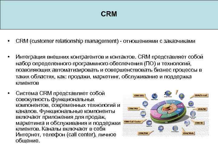  CRM • CRM (customer relationship management) - отношениями с заказчиками • Интеграция внешних