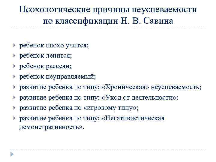 Псохологические причины неуспеваемости по классификации Н. В. Савина ребенок плохо учится; ребенок ленится; ребенок