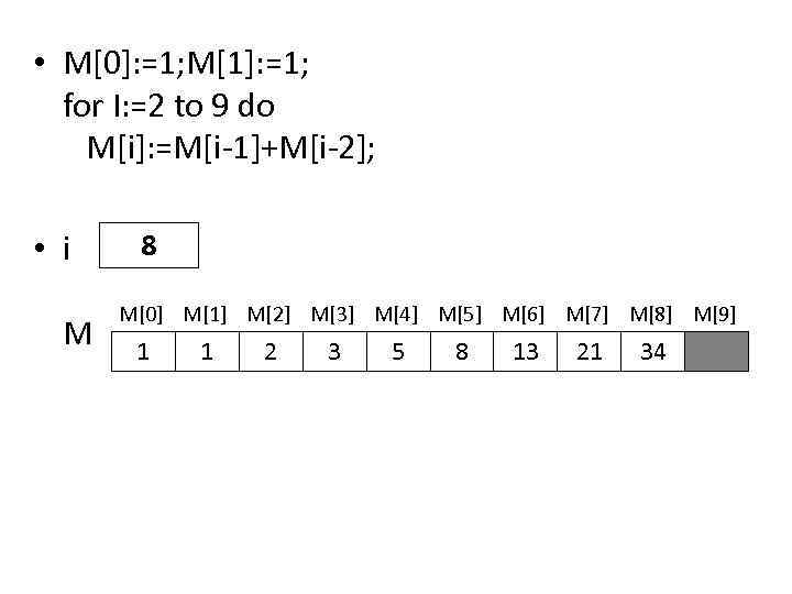  • M[0]: =1; M[1]: =1; for I: =2 to 9 do M[i]: =M[i-1]+M[i-2];
