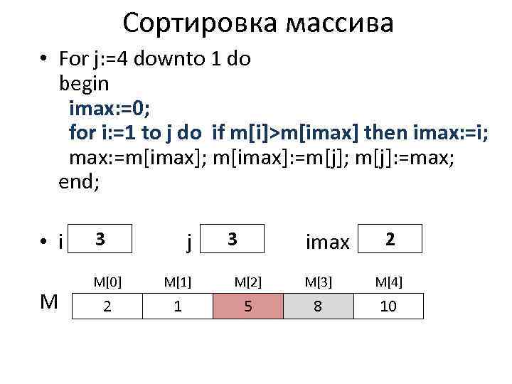 Сортировка массива • For j: =4 downto 1 do begin imax: =0; for i: