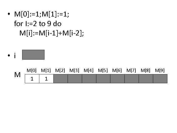  • M[0]: =1; M[1]: =1; for I: =2 to 9 do M[i]: =M[i-1]+M[i-2];