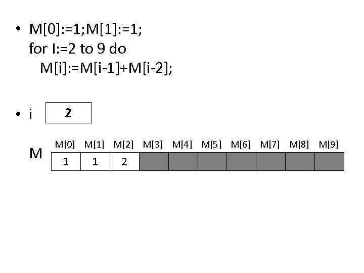  • M[0]: =1; M[1]: =1; for I: =2 to 9 do M[i]: =M[i-1]+M[i-2];