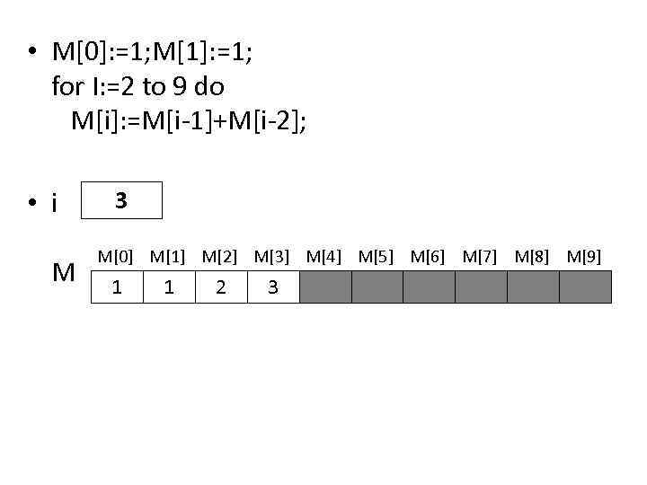  • M[0]: =1; M[1]: =1; for I: =2 to 9 do M[i]: =M[i-1]+M[i-2];