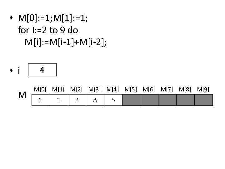  • M[0]: =1; M[1]: =1; for I: =2 to 9 do M[i]: =M[i-1]+M[i-2];