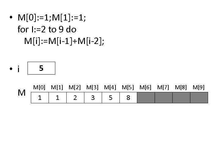  • M[0]: =1; M[1]: =1; for I: =2 to 9 do M[i]: =M[i-1]+M[i-2];