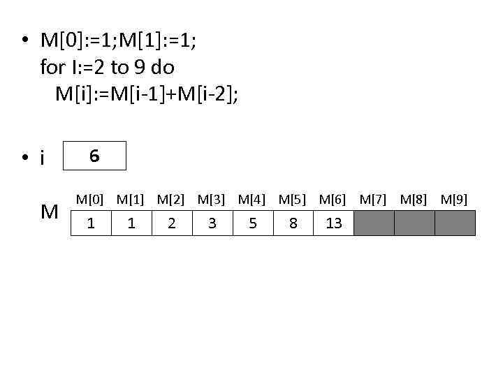  • M[0]: =1; M[1]: =1; for I: =2 to 9 do M[i]: =M[i-1]+M[i-2];