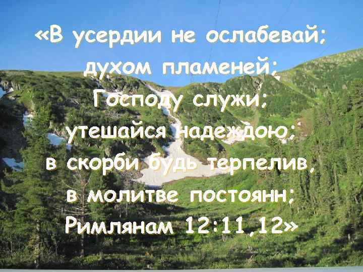  «В усердии не ослабевай; духом пламеней; Господу служи; утешайся надеждою; в скорби будь