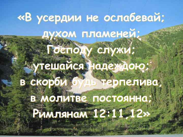  «В усердии не ослабевай; духом пламеней; Господу служи; утешайся надеждою; в скорби будь