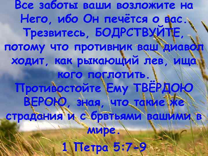 Все заботы ваши возложите на Него, ибо Он печётся о вас. Трезвитесь, БОДРСТВУЙТЕ, потому