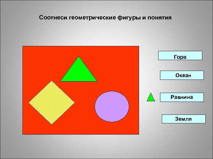 Соотнеси геометрические фигуры и понятия Гора Океан Равнина Земля 
