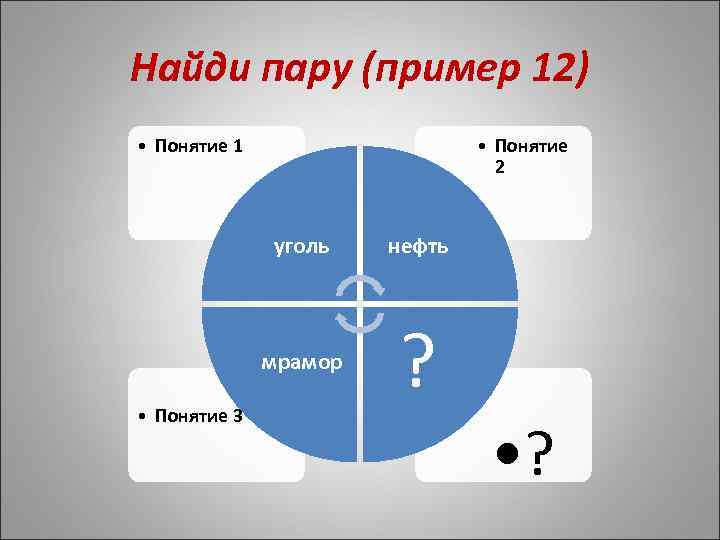 Найди пару (пример 12) • Понятие 1 • Понятие 2 уголь мрамор • Понятие