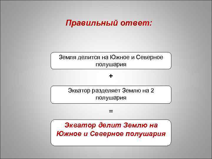 Правильный ответ: Земля делится на Южное и Северное полушария + Экватор разделяет Землю на