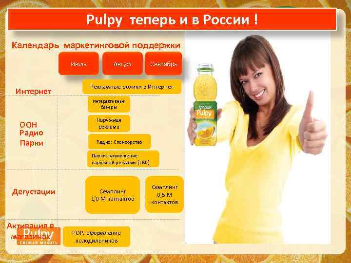 Pulpy теперь и в России ! Календарь маркетинговой поддержки Июль Интернет Август Сентябрь Рекламные
