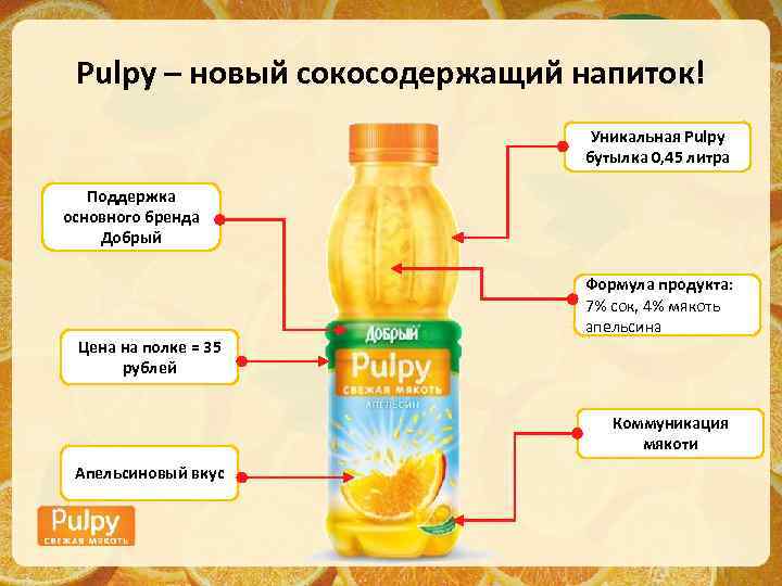 Pulpy – новый сокосодержащий напиток! Уникальная Pulpy бутылка 0, 45 литра Поддержка основного бренда