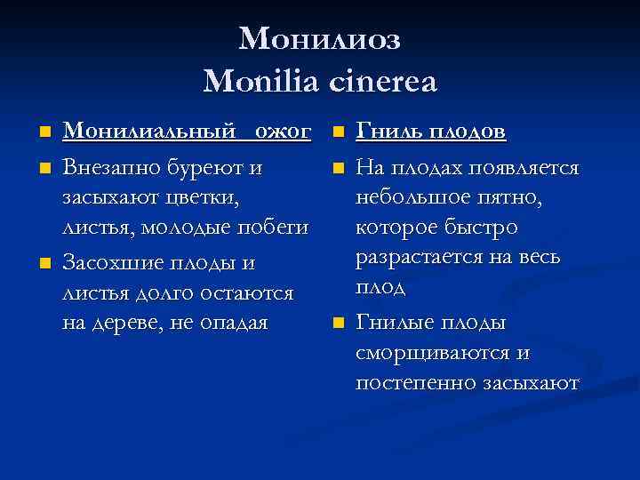 Монилиоз Monilia cinerea n n n Монилиальный ожог Внезапно буреют и засыхают цветки, листья,