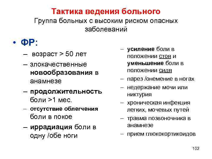 Тактика ведения больного Группа больных с высоким риском опасных заболеваний • ФР: – возраст