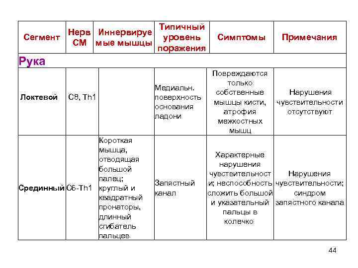 Нерв Иннервируе Сегмент СМ мые мышцы Типичный уровень поражения Симптомы Примечания Рука Локтевой С
