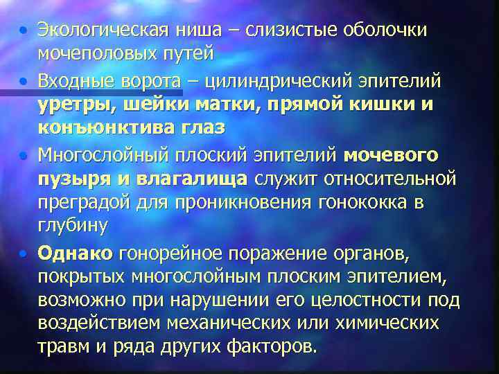  • Экологическая ниша – слизистые оболочки мочеполовых путей • Входные ворота – цилиндрический
