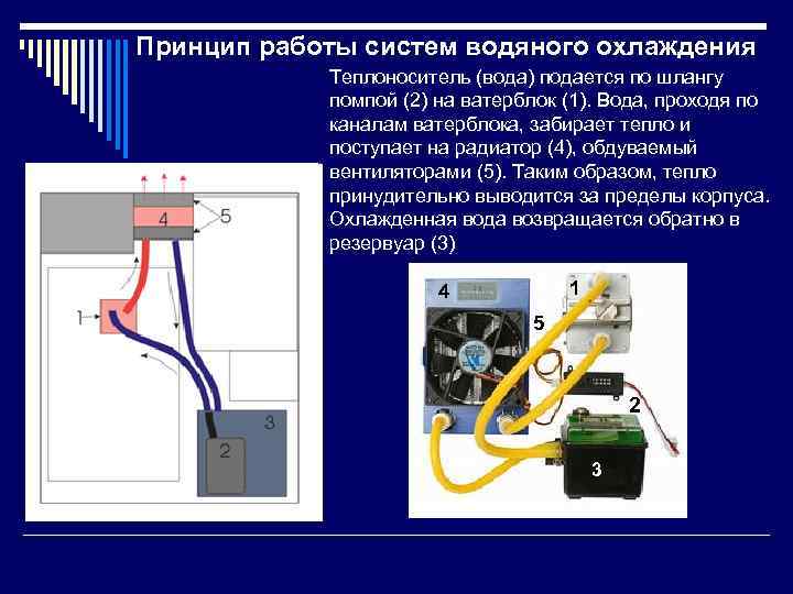 Принцип работы систем водяного охлаждения Теплоноситель (вода) подается по шлангу помпой (2) на ватерблок
