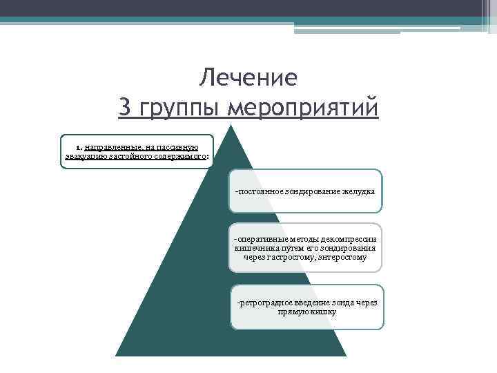 Лечение 3 группы мероприятий 1. направленные, на пассивную эвакуацию застойного содержимого: -постоянное зондирование желудка