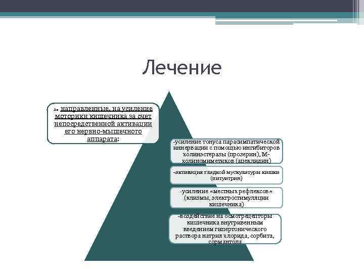 Лечение. направленные, на усиление моторики кишечника за счет непосредственной активации его нервно-мышечного аппарата: 2