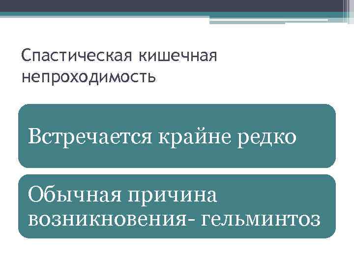 Спастическая кишечная непроходимость Встречается крайне редко Обычная причина возникновения- гельминтоз 