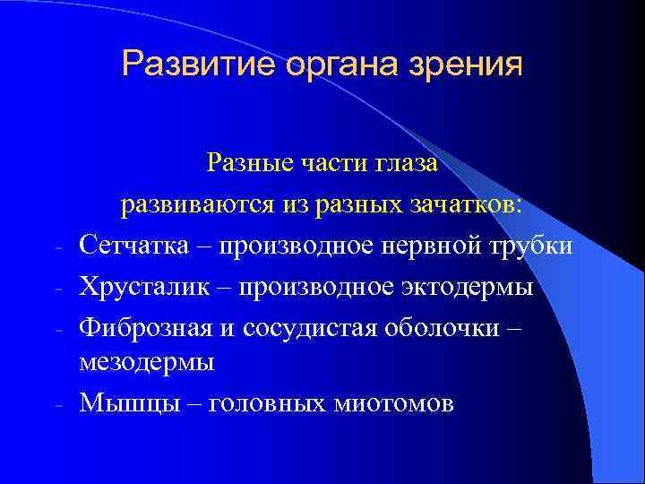 Развитие органа зрения - Разные части глаза развиваются из разных зачатков: Сетчатка – производное