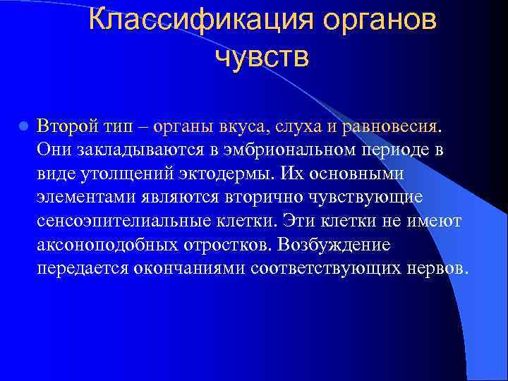 Классификация органов чувств l Второй тип – органы вкуса, слуха и равновесия. Они закладываются