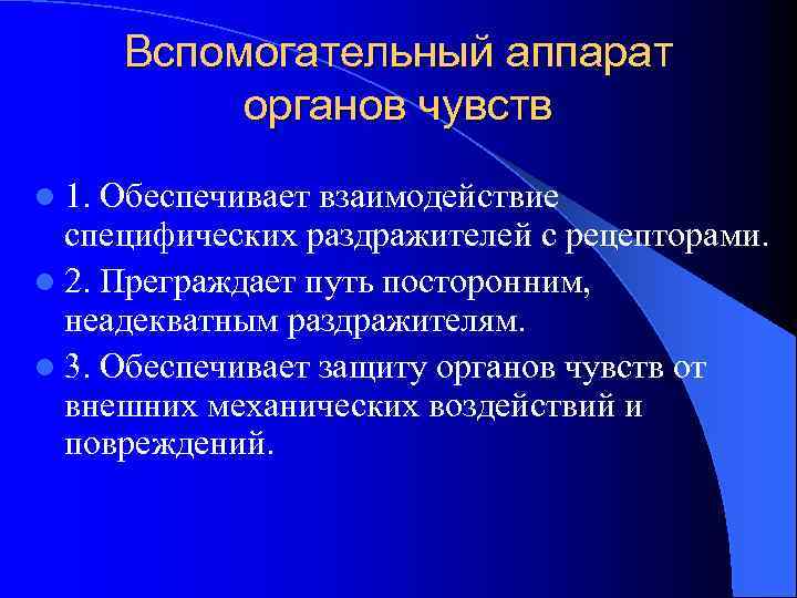 Вспомогательный аппарат органов чувств l 1. Обеспечивает взаимодействие специфических раздражителей с рецепторами. l 2.