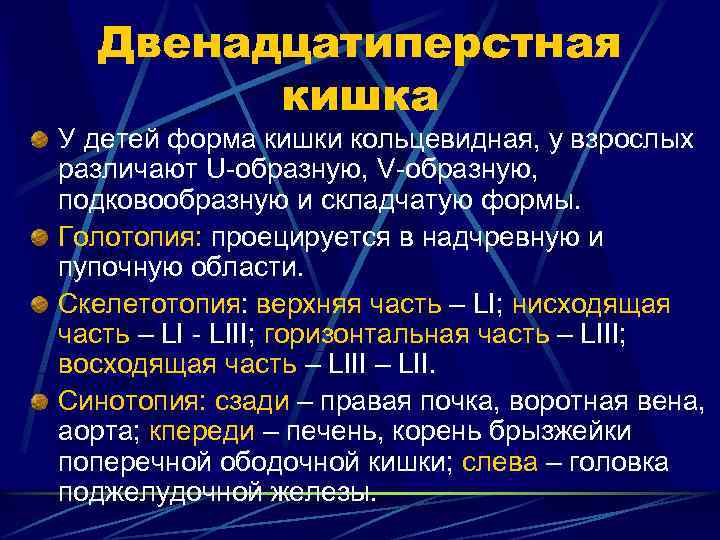 Двенадцатиперстная кишка У детей форма кишки кольцевидная, у взрослых различают U-образную, V-образную, подковообразную и