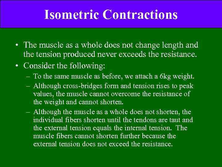 Isometric Contractions • The muscle as a whole does not change length and the