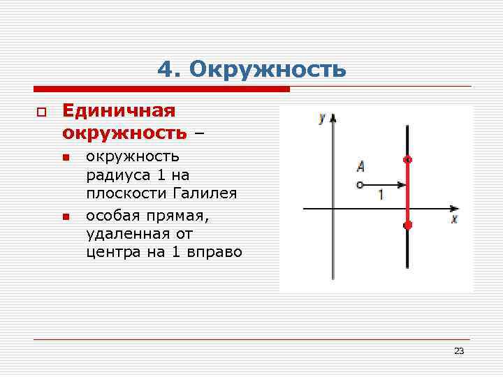 4. Окружность o Единичная окружность – n n окружность радиуса 1 на плоскости Галилея