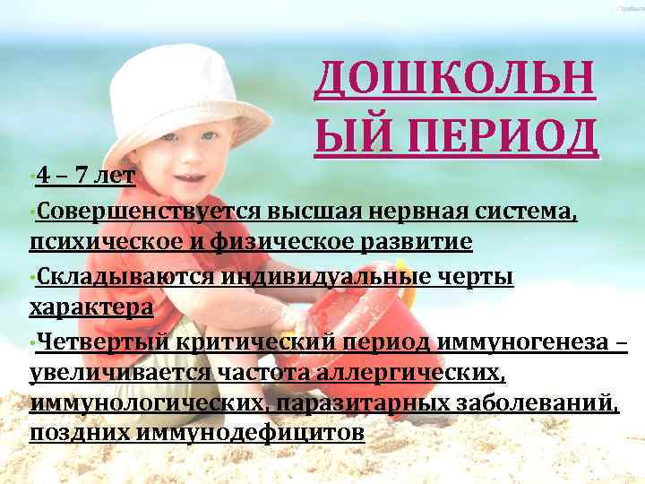  • 4 ДОШКОЛЬН ЫЙ ПЕРИОД – 7 лет • Совершенствуется высшая нервная система,