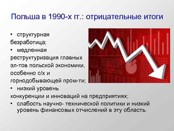 Польша в 1990 -х гг. : отрицательные итоги • структурная безработица; • медленная реструктуризация