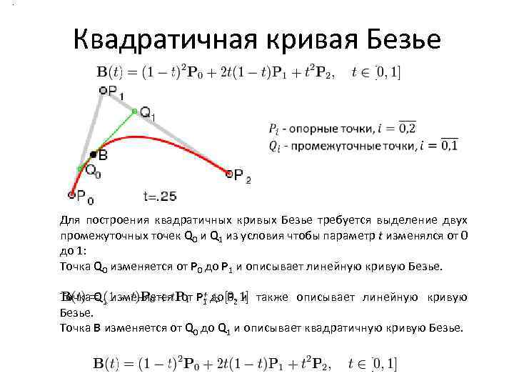 . Квадратичная кривая Безье Для построения квадратичных кривых Безье требуется выделение двух промежуточных точек
