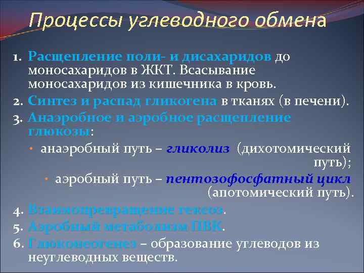 Процессы углеводного обмена 1. Расщепление поли- и дисахаридов до моносахаридов в ЖКТ. Всасывание моносахаридов
