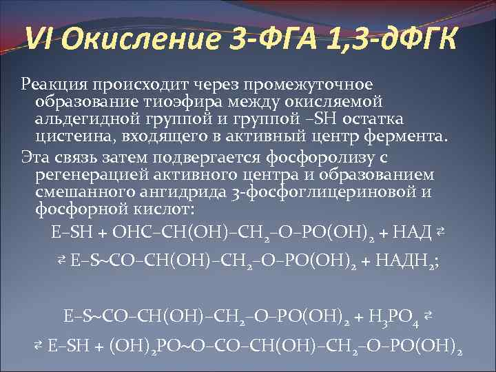 VI Окисление 3 -ФГА 1, 3 -д. ФГК Реакция происходит через промежуточное образование тиоэфира