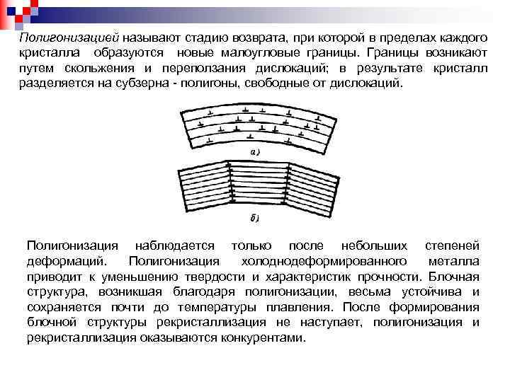 Полигонизацией называют стадию возврата, при которой в пределах каждого кристалла образуются новые малоугловые границы.
