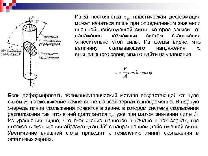 Из-за постоянства кр пластическая деформация может начаться лишь при определенном значении внешней действующей силы,