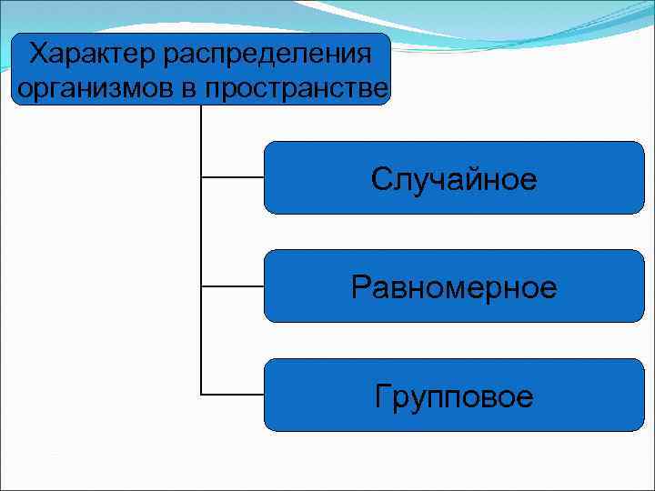 Характер распределения организмов в пространстве Случайное Равномерное Групповое 