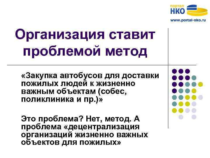 Организация ставит проблемой метод «Закупка автобусов для доставки пожилых людей к жизненно важным объектам