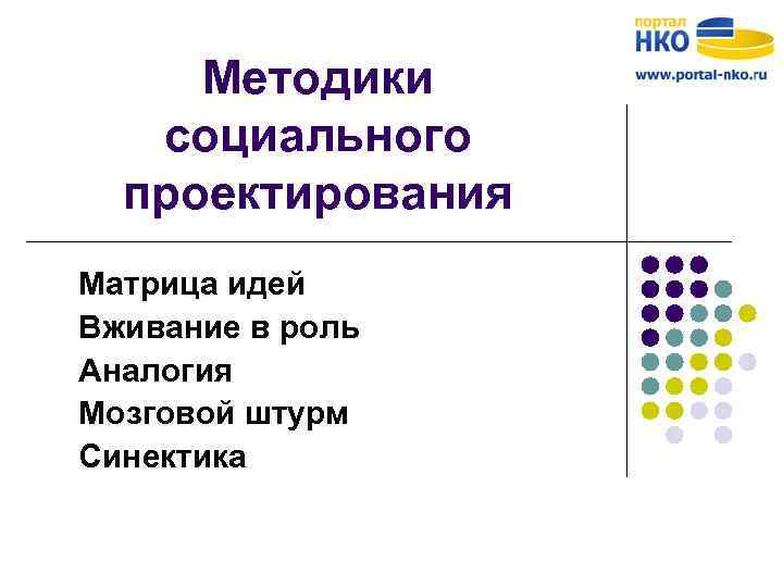 Методики социального проектирования Матрица идей Вживание в роль Аналогия Мозговой штурм Синектика 
