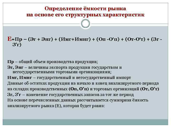 Определение ёмкости рынка на основе его структурных характеристик Е=Пр – (Эг + Энг) +