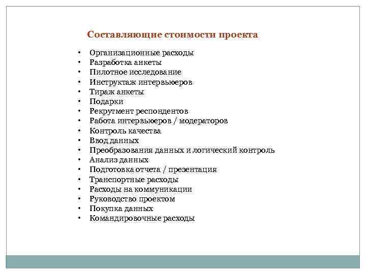 Составляющие стоимости проекта • • • • • Организационные расходы Разработка анкеты Пилотное исследование