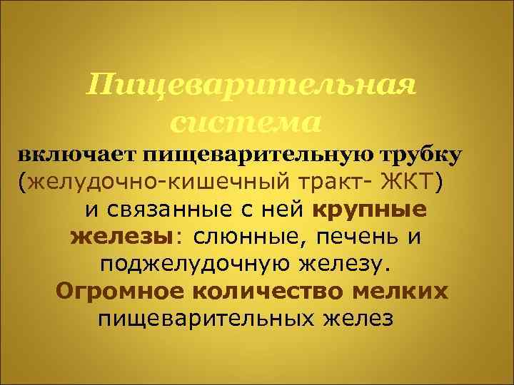 Пищеварительная система включает пищеварительную трубку (желудочно-кишечный тракт- ЖКТ) и связанные с ней крупные железы:
