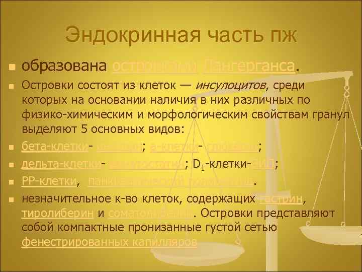 Эндокринная часть пж n n n образована островками Лангерганса. Островки состоят из клеток —