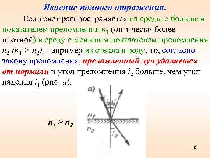 Явление полного отражения. Если свет распространяется из среды с большим показателем преломления п 1