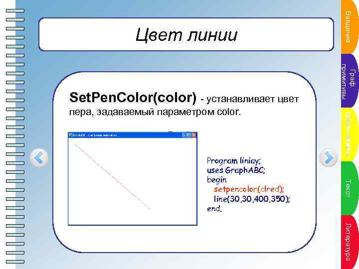 Пун. Те кстана кт пл Program liniay; uses Graph. ABC; begin setpencolor(clred); line(30, 400,